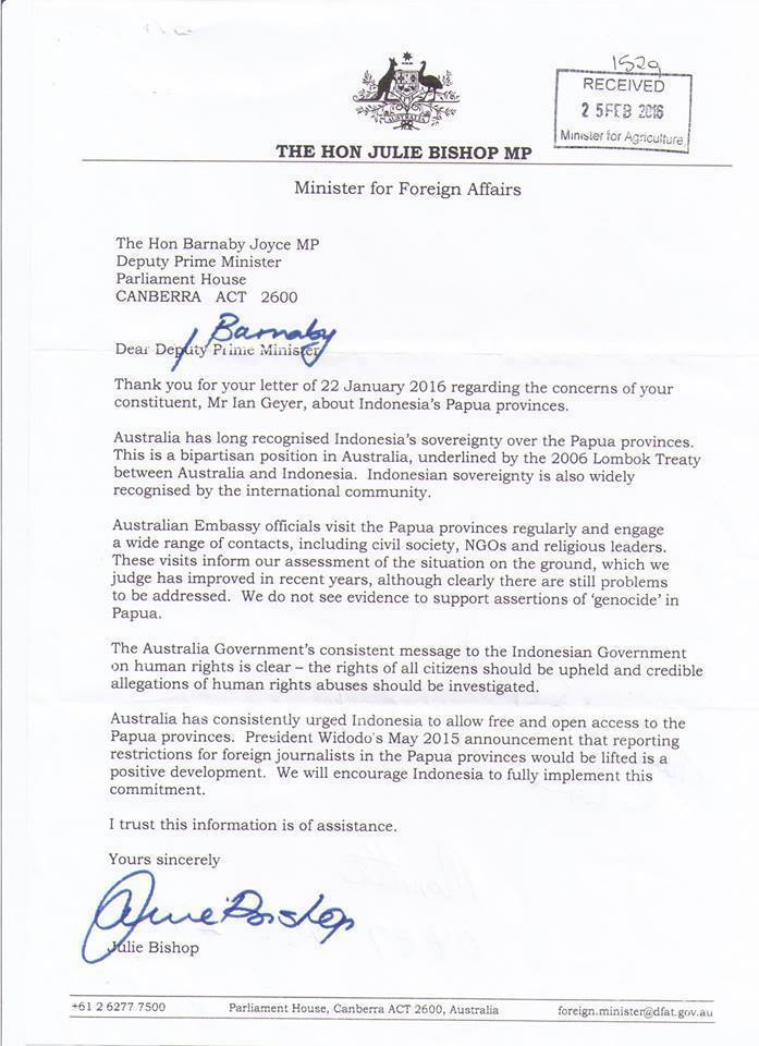 Lettre du Premier Ministre australien, Julie Bishop